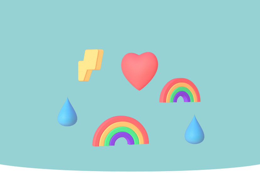 Symbole für verschiedene Stimmungen im Wochenbett: Blitz, Herz, Regenbogen und Tropfen vor hellblauem Hintergrund