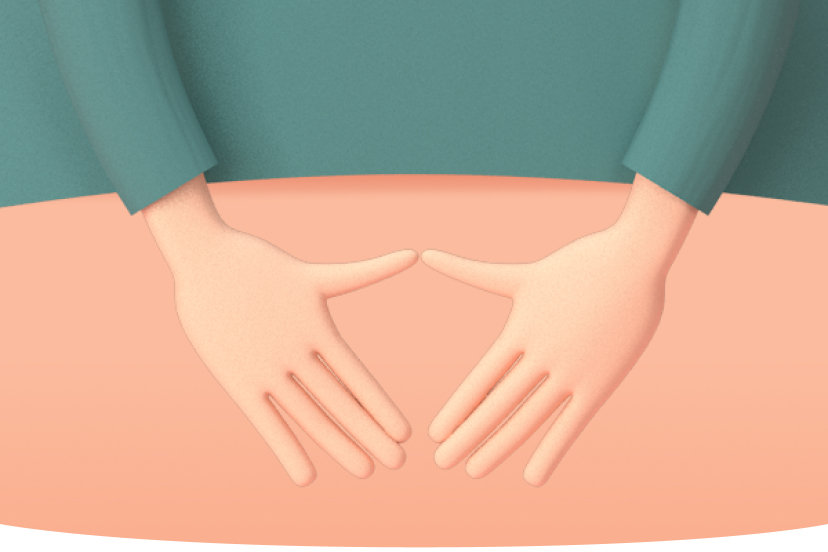 Illustration von zwei Händen, die auf einem Bauch platziert sind und eine sanfte Massage nach der Geburt andeuten, vor einem hellrosa Hintergrund
