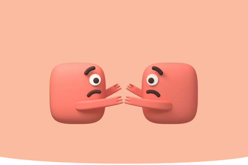 Illustration zweier quadratischer, roter Cartoon-Charaktere mit besorgtem Gesichtsausdruck und ausgestreckten Armen vor einem hellrosa Hintergrund, die eine Rektusdiastase darstellen