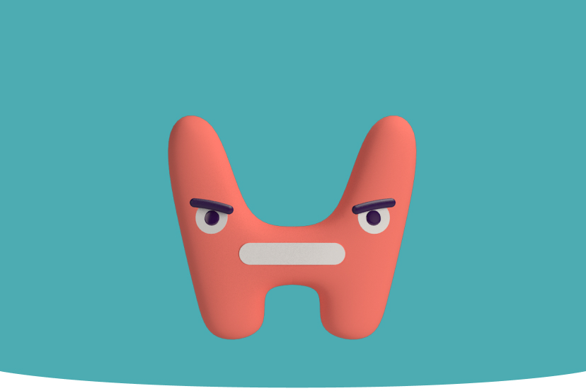 Illustration einer Schilddrüse in einem roten, stilisierten Buchstaben "H" mit Augen, Augenbrauen und einem weißen Mund, der einen wütenden Gesichtsausdruck vor einem hellblauen Hintergrund zeigt