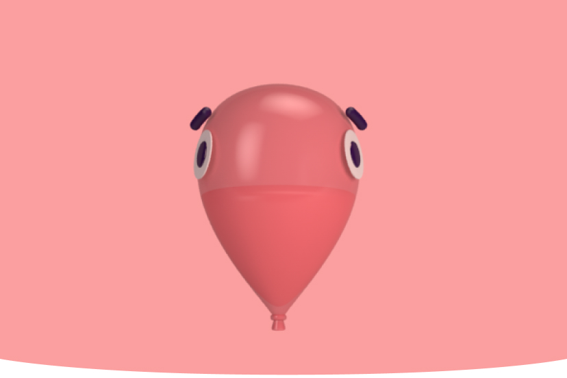 Illustration eines rosa Luftballons mit großen Augen und kleinen dunkelblauen Ohren auf einem rosa Hintergrund
