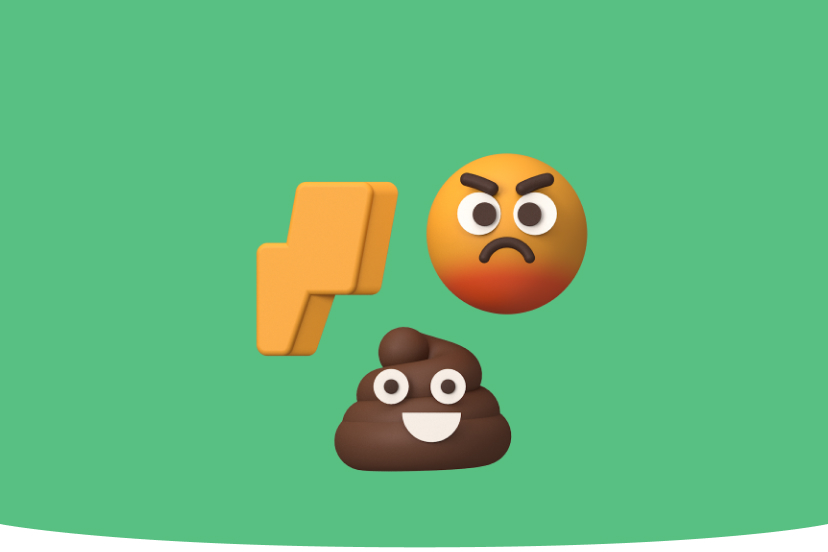 Illustration von drei Emojis: ein gelber Blitz, ein wütendes Gesicht und ein lachender Kothaufen vor einem grünen Hintergrund