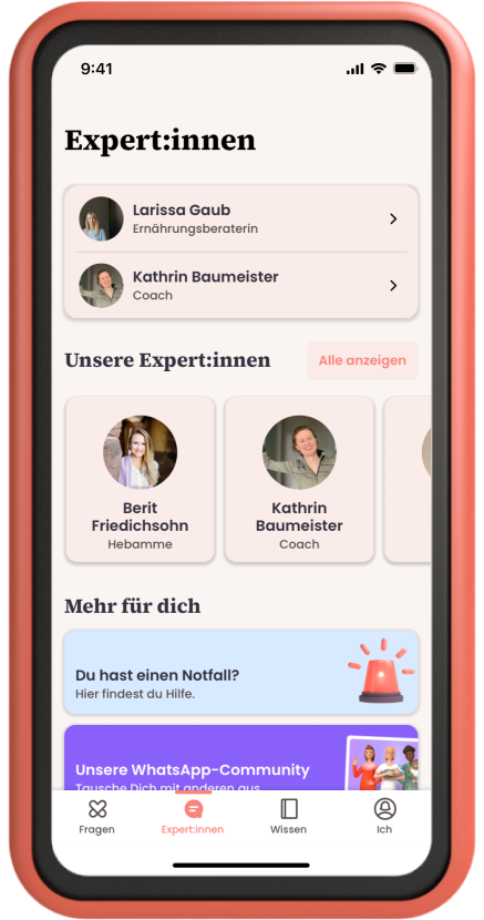 Screenshot der mobilen App "Expert:innen" mit Profilen von Expertinnen, darunter Ernährungsberaterin Larissa Gaub und Coach Kathrin Baumeister, sowie zusätzlichen Hilfsangeboten auf einem Smartphone mit rosafarbenem Rahmen