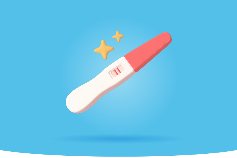 Illustration eines positiven Schwangerschaftstests mit zwei roten Linien und zwei gelben Sternen auf einem hellblauen Hintergrund
